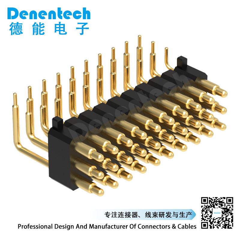 Denentech 2.54MM pogo pin H4.0MM triple row male right angle with peg spring loaded probe pogo pin connector